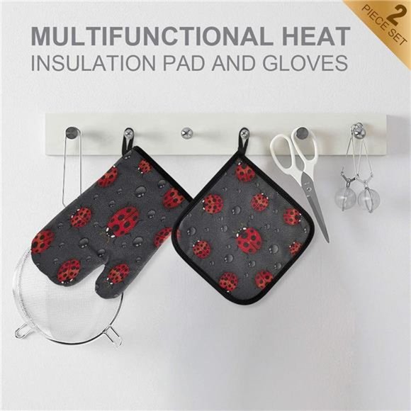 Oven Mitt Pot Holder Set Ladybugs WaterDrop Pattern Heat Resistant Quilted Glove - Picture 3 of 5